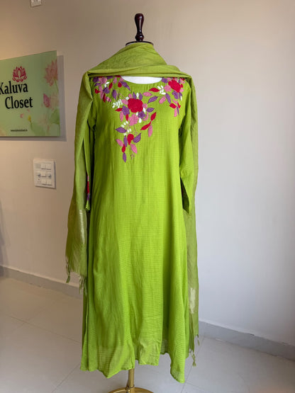 A0857 green Kota applique work 3 piece dress