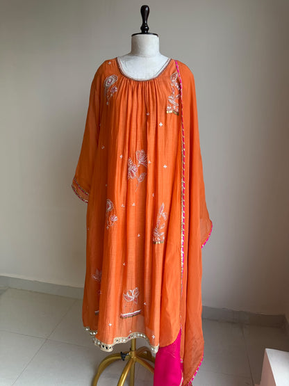 A0849 orange mul chanderi hand embroidery work 3 piece dress