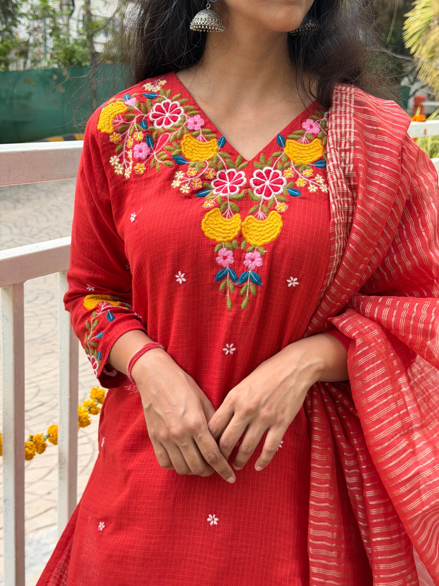 A0681 rust cotton kota straight cut 3 piece dress with stripes duppatta & kota pants comes with complete cotton lining