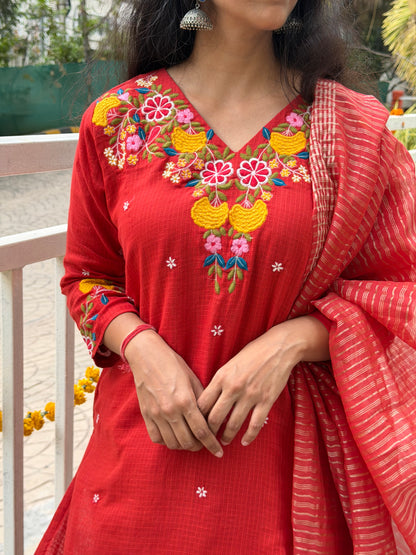 A0681 rust cotton kota straight cut 3 piece dress with stripes duppatta & kota pants comes with complete cotton lining