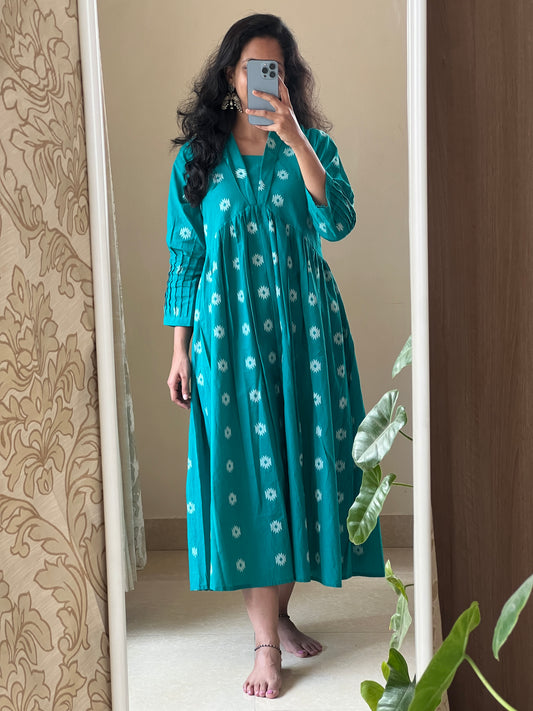#9146 handloom cotton v neck dress with hand embroidery on back neck