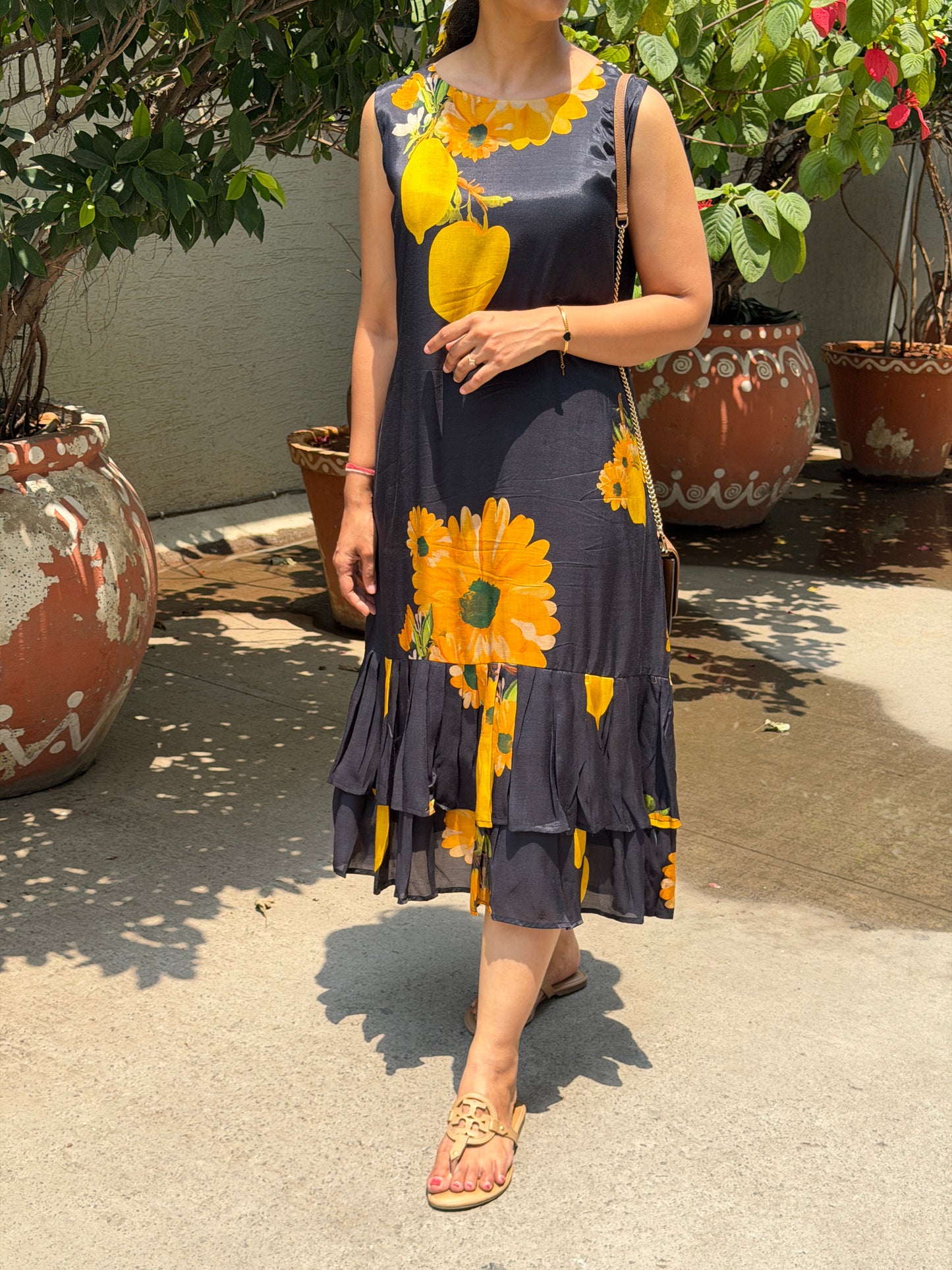 A0732 Black and yellow Mango print soft cotton silk dress