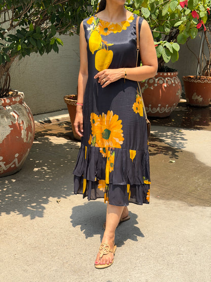 A0732 Black and yellow Mango print soft cotton silk dress