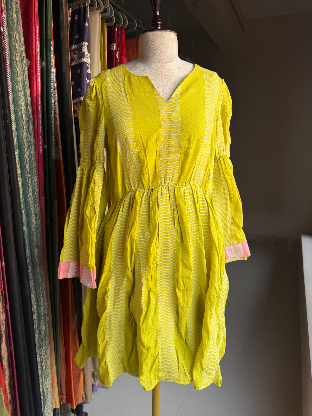 Handloom cotton dress with v neck