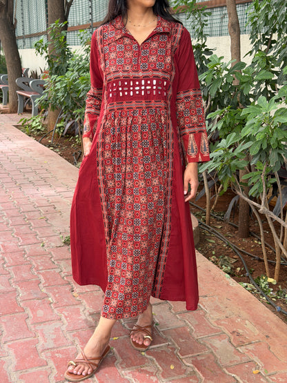 A0801 Red Ajrak pure cotton A-line dress