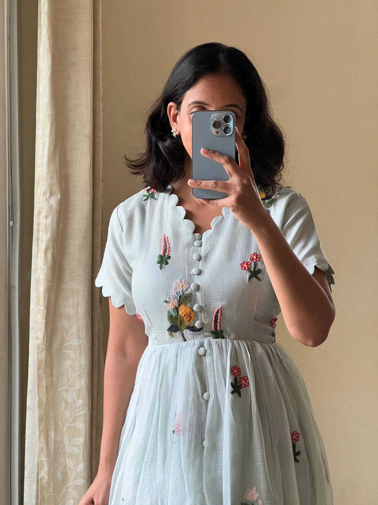 A0493 light sea green Kota one piece dress with embroidery detailing all over the dress