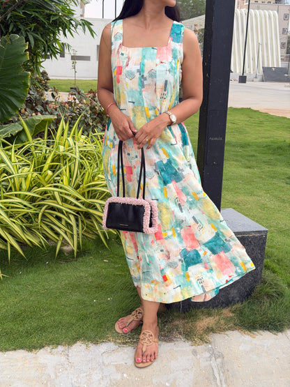 A0736 Lenin cream base multi colour abstract print all over the dress in kalis model comes with 16 inches sleeves inside