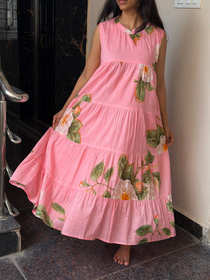 A0824 pink mul cotton floral digital printed tiered dress