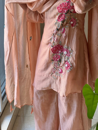 A0590 Mulchanderi 3pc set with complete hand embroidery detailing, comes with palazzo pants and duppata