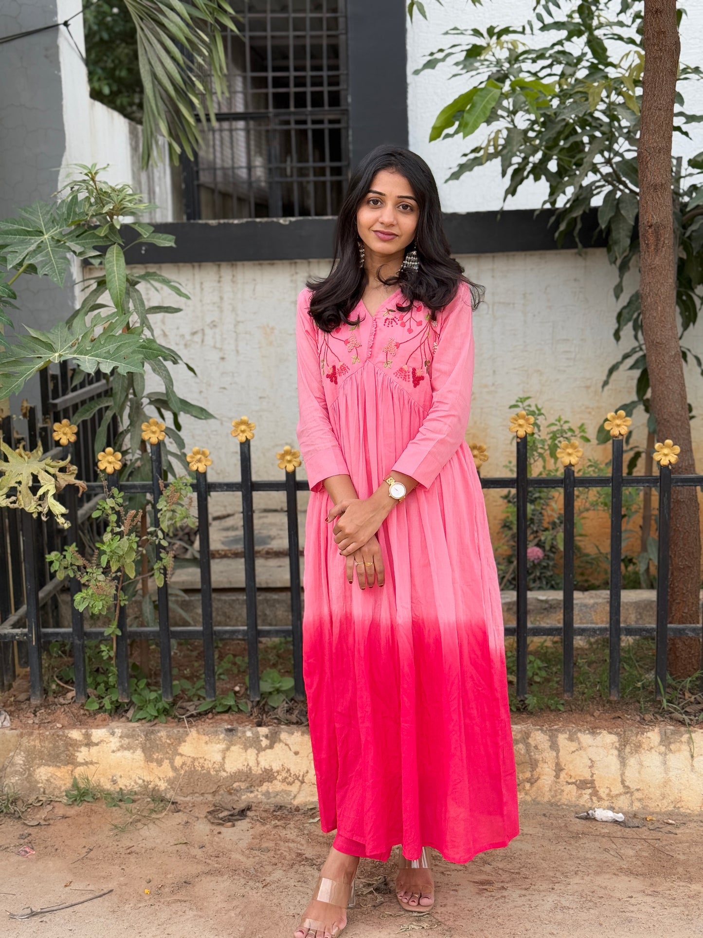 A0226 pink Mulmul shaded two piece set with hand embroidery detailing