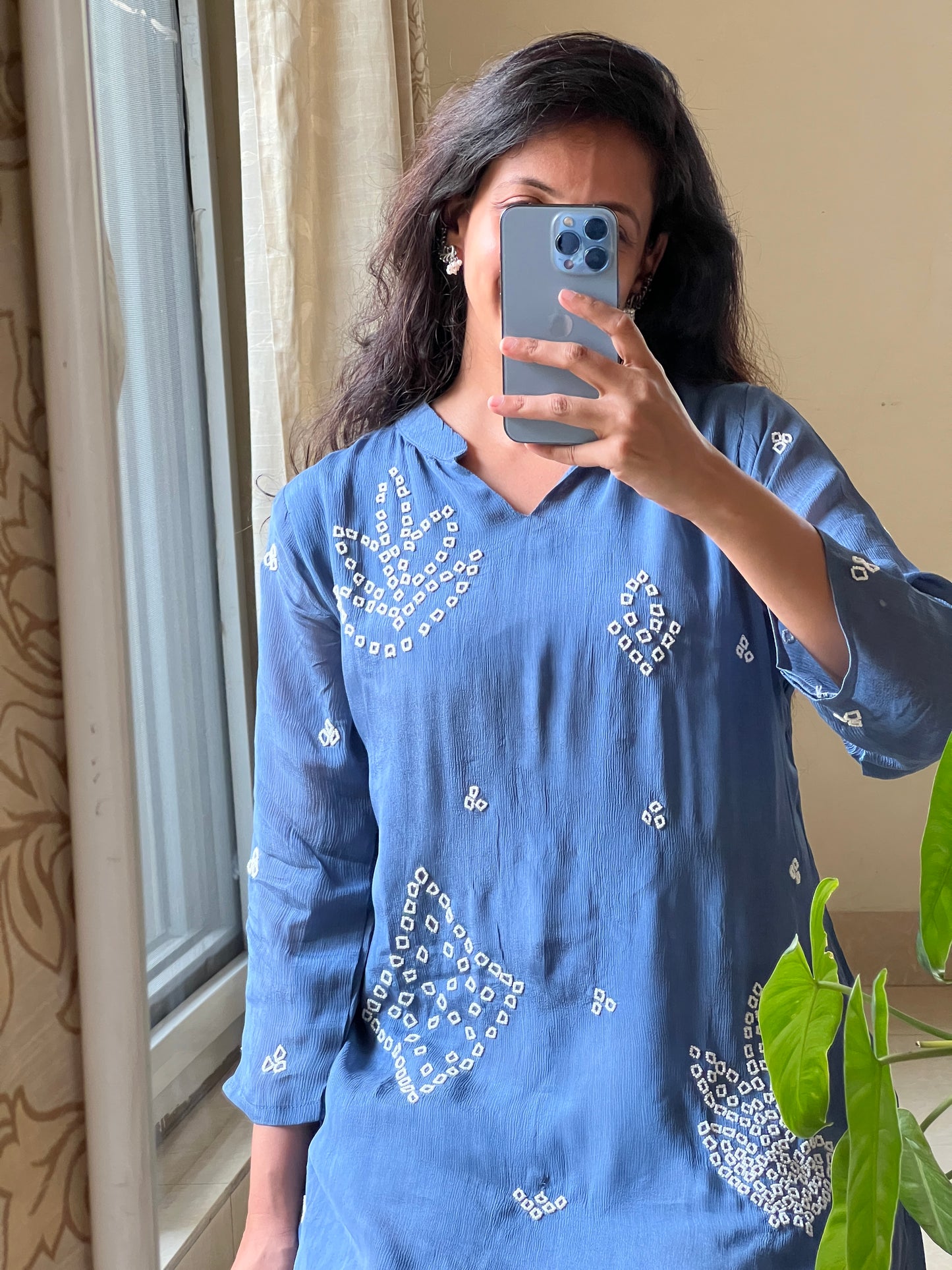 A0428 blue chinnon coord set with pearl embroidery detailing all over the dress and pants