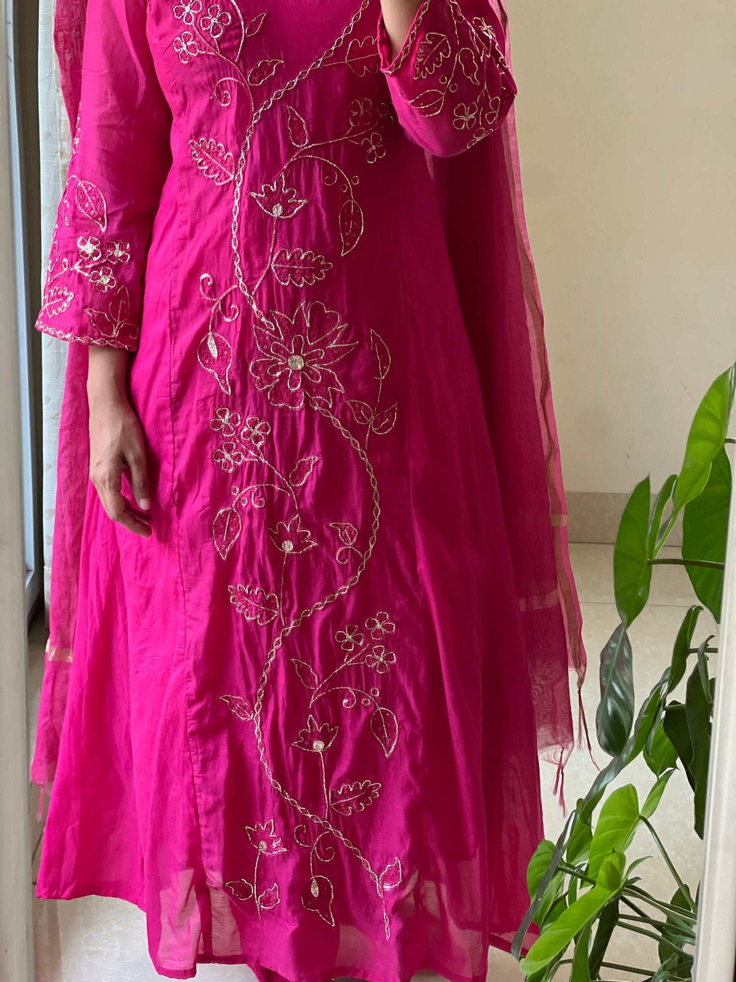 A0523 pink mul chanderi 3 piece dress with hand embroidery and pitta work all over the dress