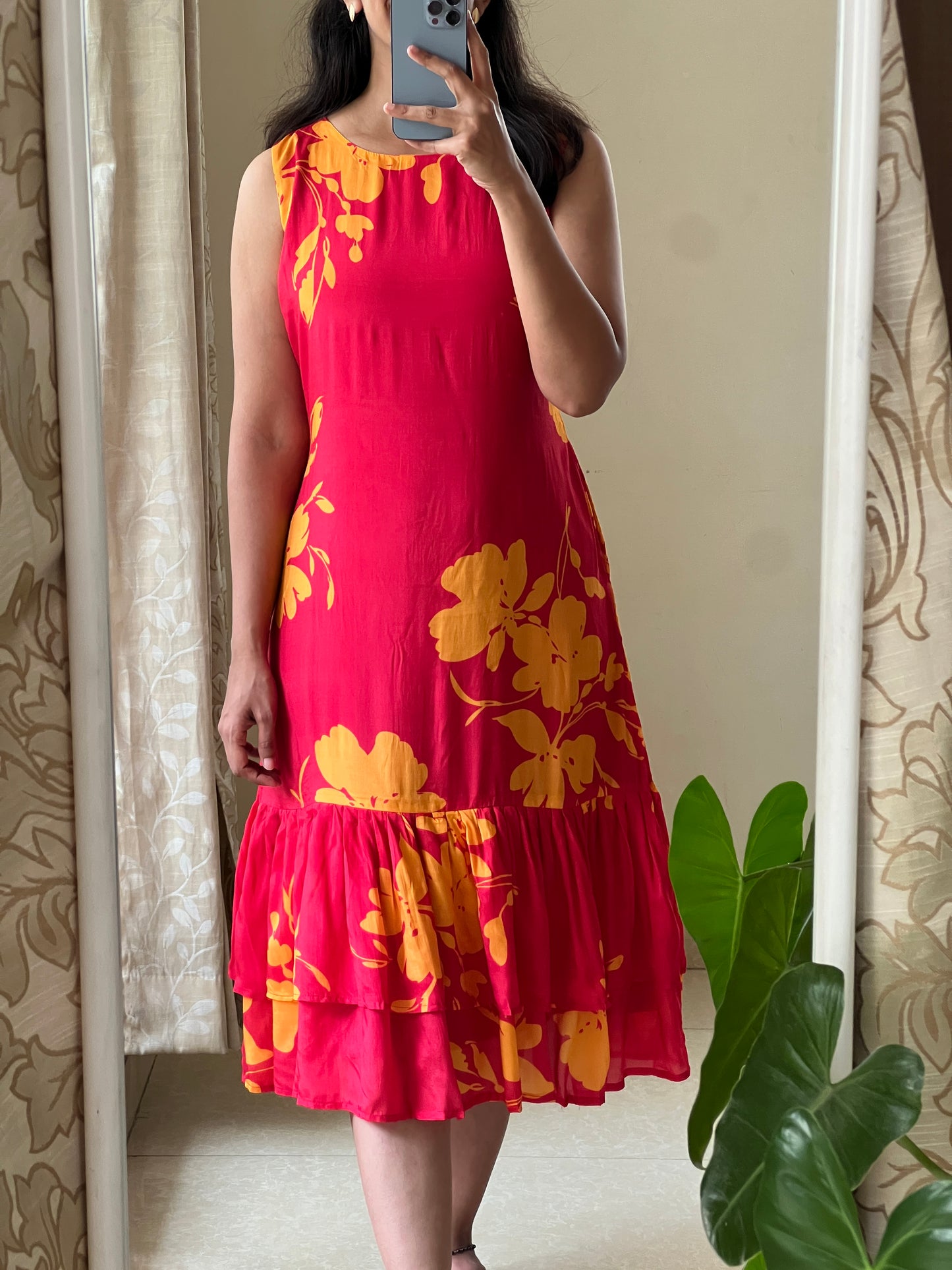 A0512  red & yellow cotton silk one piece dress with digital floral printed pattern, sleeves are provided inside