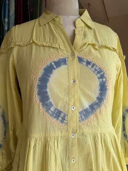 Yellow cotton tie die dress with knot work detailing on yoke part