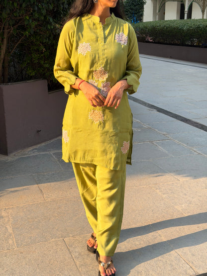 A0692 green mul chanderi coord set with applique work detailing all over the dress