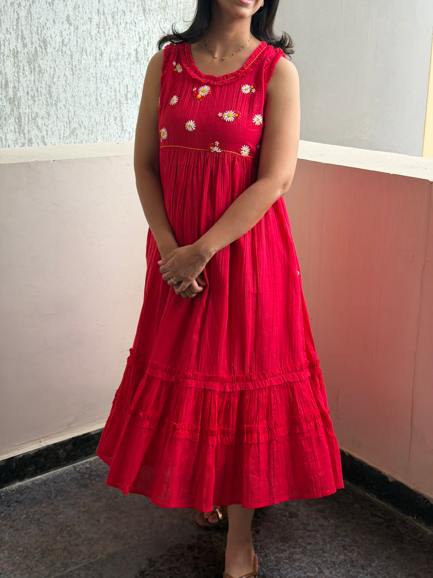 A0771 Mul cotton Red dress with beautiful 3D hand hand embroidery