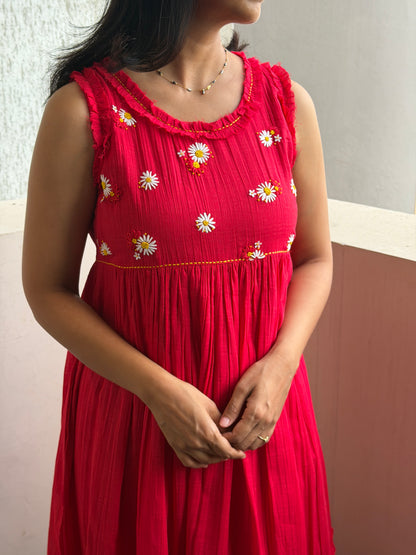 A0771 Mul cotton Red dress with beautiful 3D hand hand embroidery