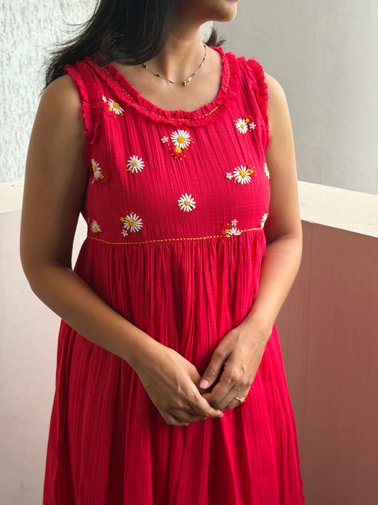 A0771 Mul cotton Red dress with beautiful 3D hand hand embroidery