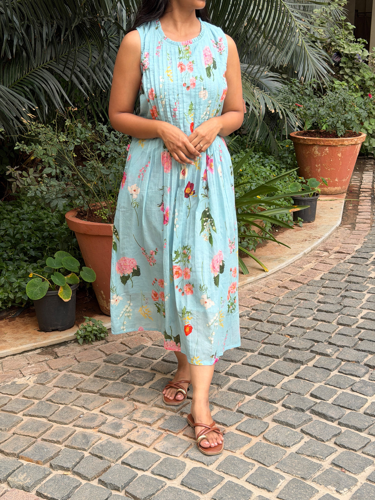 A0877 Powder Blue Mul cotton pleated dress