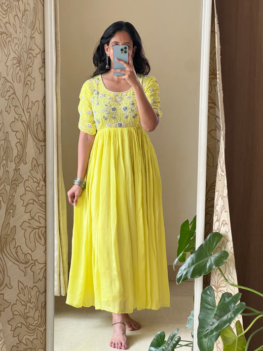 A0496 yellow chinnon one piece dress with beads, zardosi & chips embroidery