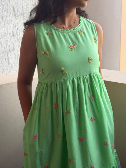 A0761 sea green & blue Mul cotton shaded one piece dress with hand embroidery detailing all over the dress