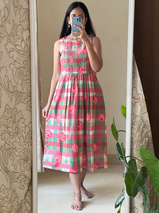 A0571 red premium handloom cotton checks & florals with hand embroidery detailing on yoke part