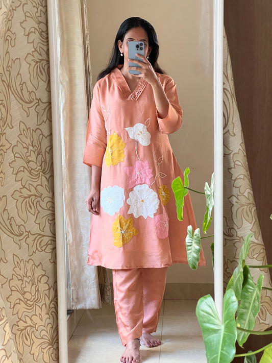 A0353 peach dola silk coord set with applique work detailing