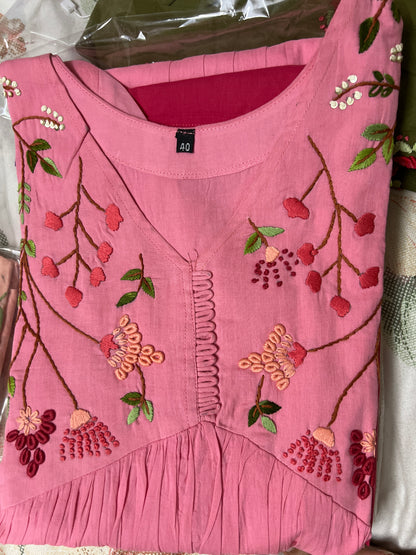 A0226 pink Mulmul shaded two piece set with hand embroidery detailing