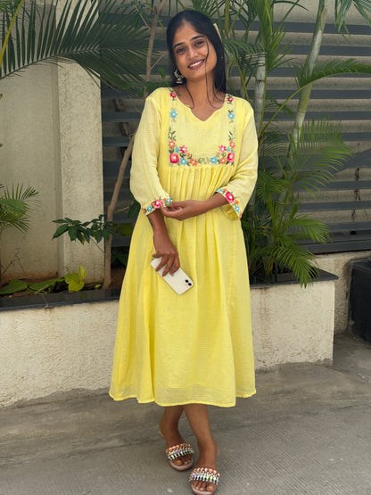 A0834 Butter Yellow Cotton Kota dress with hand embroidery detailing