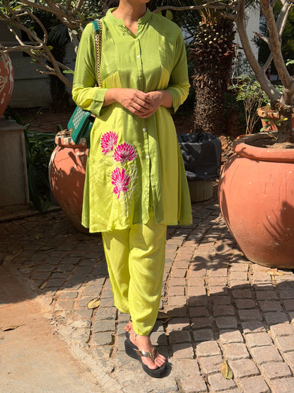 A0602 Green mul chanderi coord with applique work detailing