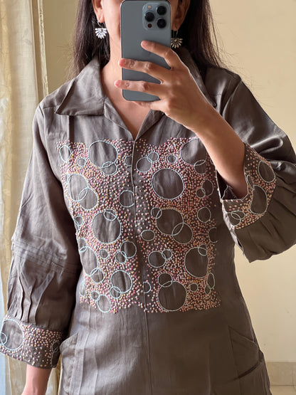 P014 green premium modal cotton one piece dress with hand embroidery detailing