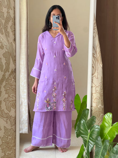 A0514 purple mul chanderi 2 piece dress with hand paint & hand embroidery detailing