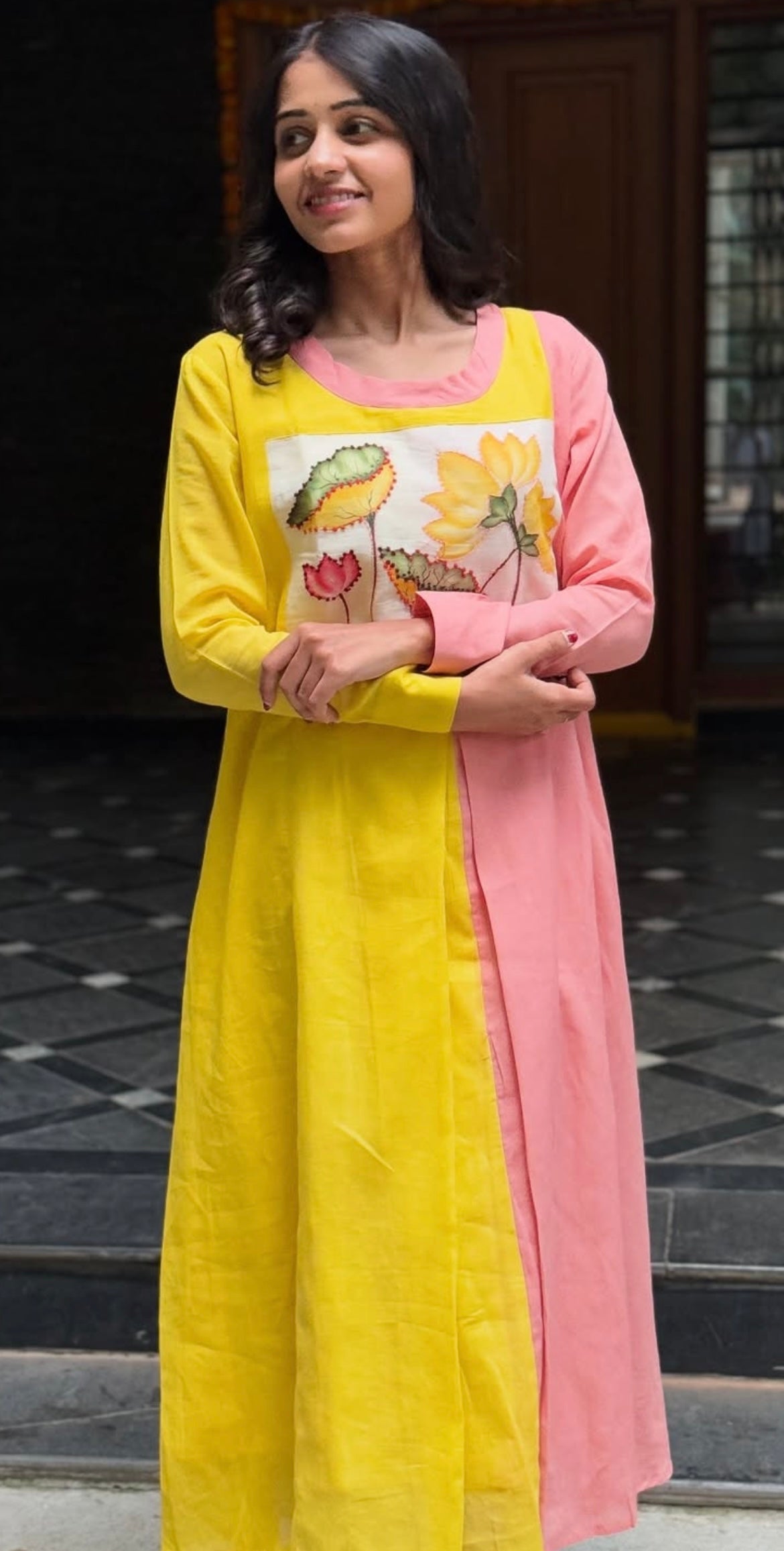 A0203 yellow & peach Mulmul two shades attached one piece dress with hand paint and hand embroidery patch work