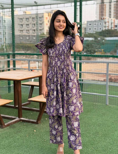 A0377 purple pure cotton hand block print coord set with pleats & cut work machine embroidery detailing
