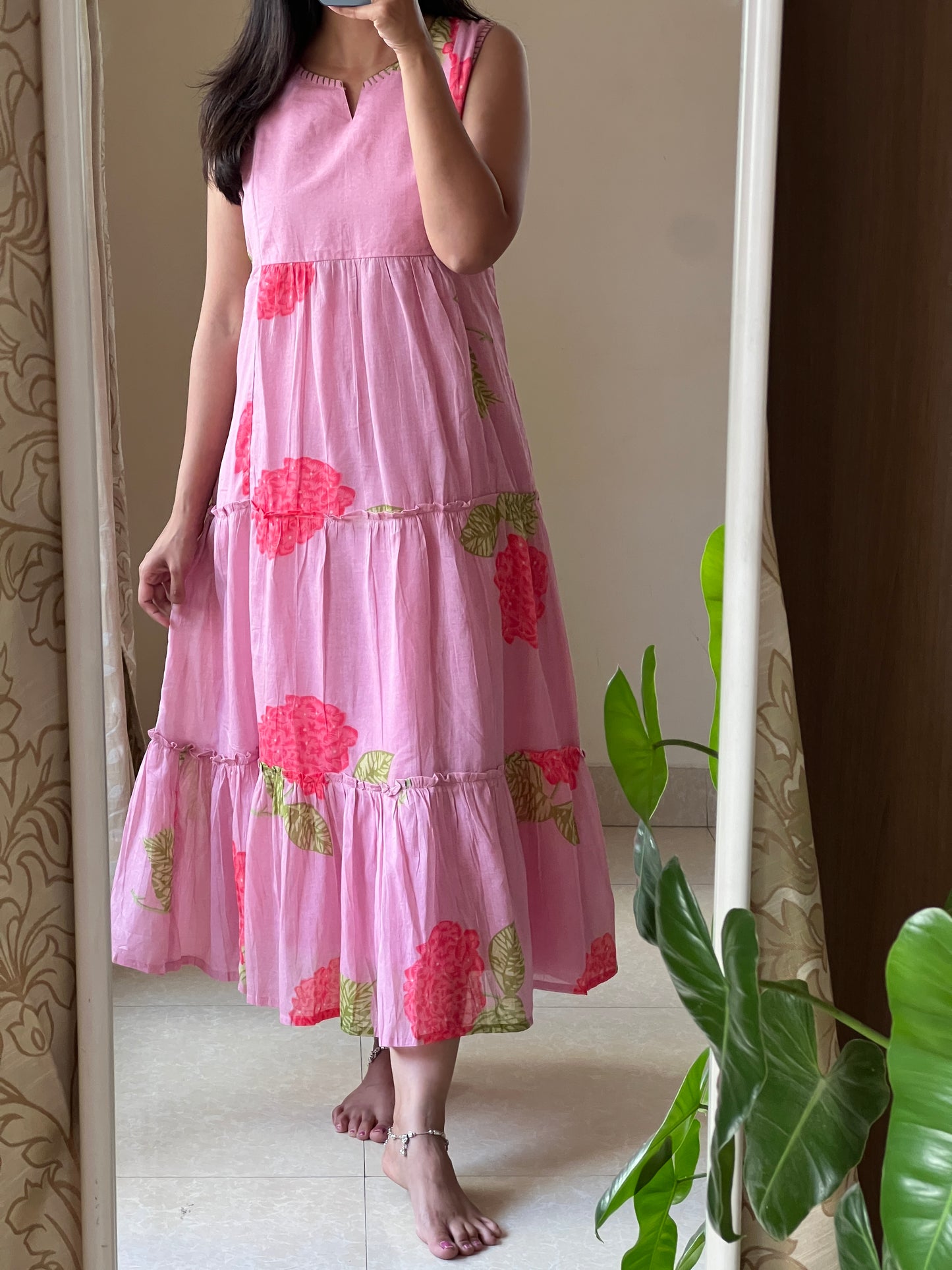 A0576 pink cotton floral printed one piece dress comes with cotton lining inside