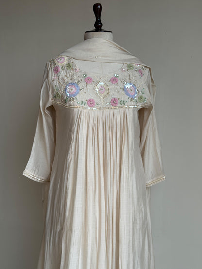 A0843 cream mul chanderi hand embroidery 3 piece dress