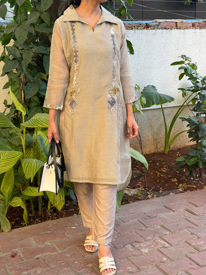 A0596 ash grey mul chanderi 2 piece dress with Kutch hand embroidery detailing