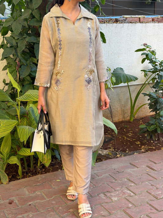 A0596 ash grey mul chanderi 2 piece dress with Kutch hand embroidery detailing