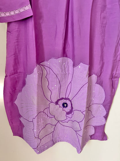 A0208 lavender muslin two piece set with big flower applique work detailing
