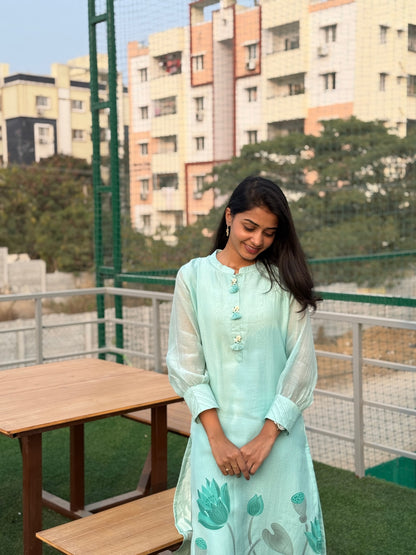 P012 blue Premium Mul chanderi 2 piece dress with lotus hand paint detailing
