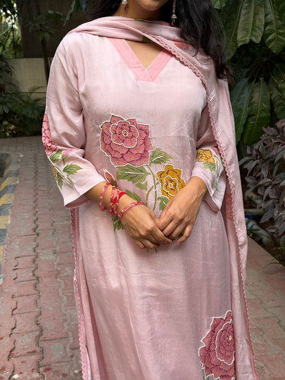 A0656 rose pink chinnon 3 piece dress with hand paint & moti embroidery detailing all over the dress & duppatta