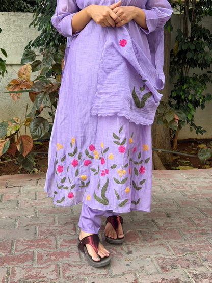 A0624 lavender mul chanderi 3 piece suit with applique work detailing