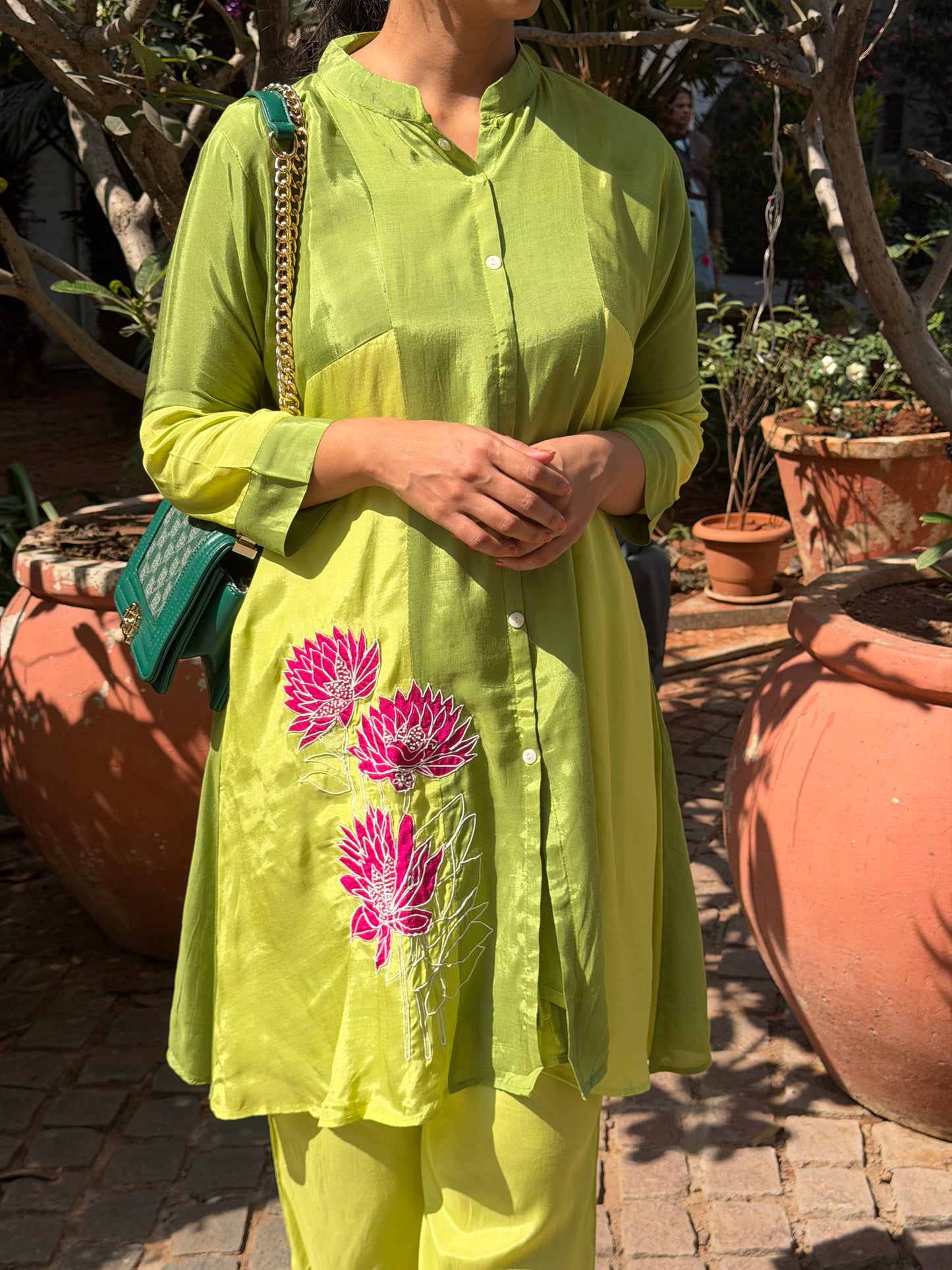 A0602 Green mul chanderi coord with applique work detailing