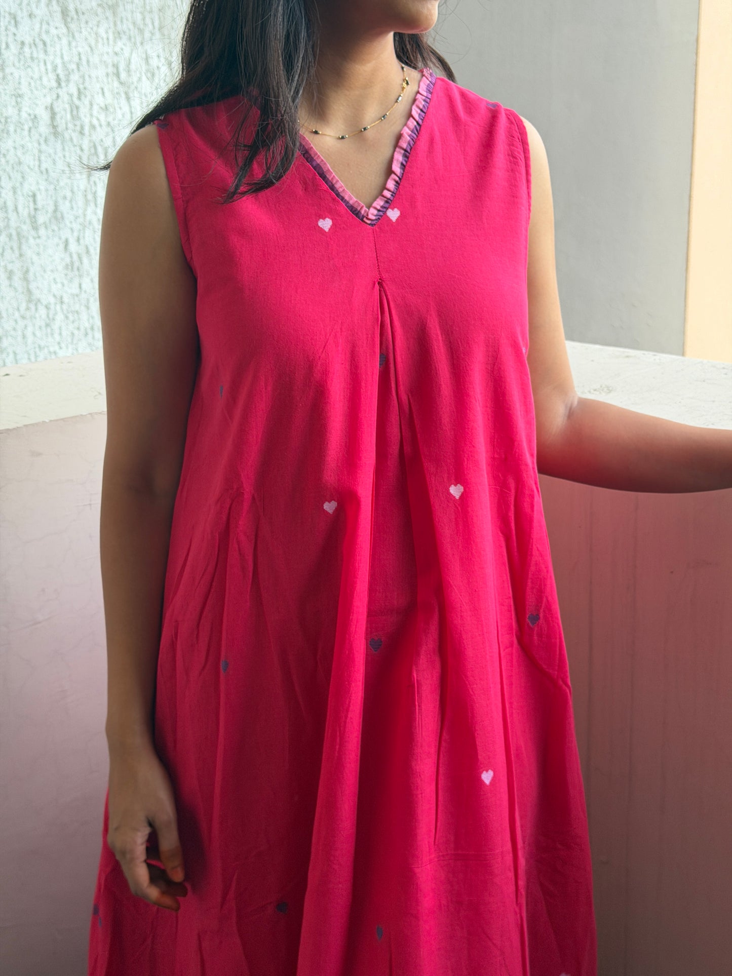 Hot pink Jamdani dress with hearts weave, double layer dress