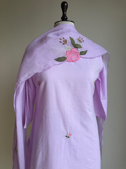 A0853 lavender mul cotton applique work 3 piece dress