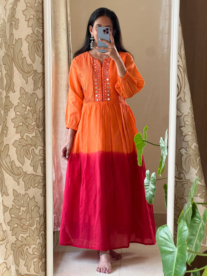 A0350 orange & red mulmul shaded one piece dress with mirror work embroidery & pleats detailing