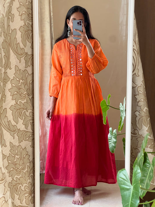 A0350 orange & red mulmul shaded one piece dress with mirror work embroidery & pleats detailing