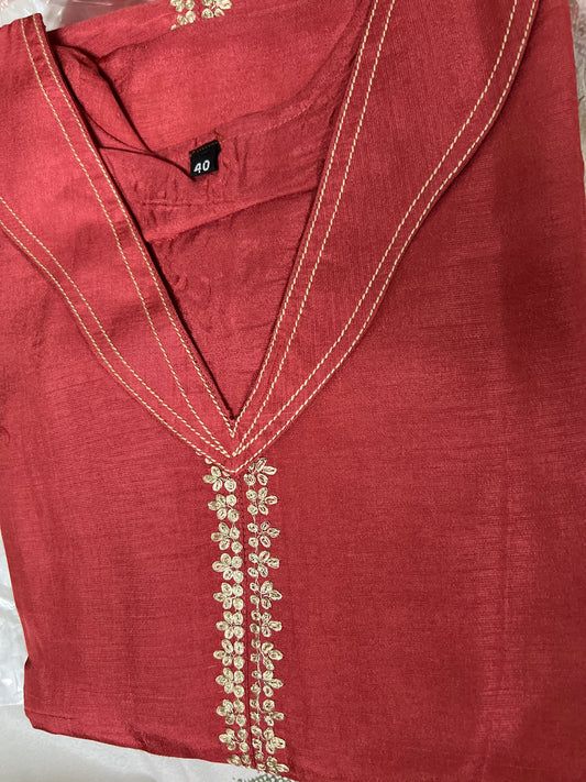 A0222 rust dola silk co ord set with pitta work embroidery