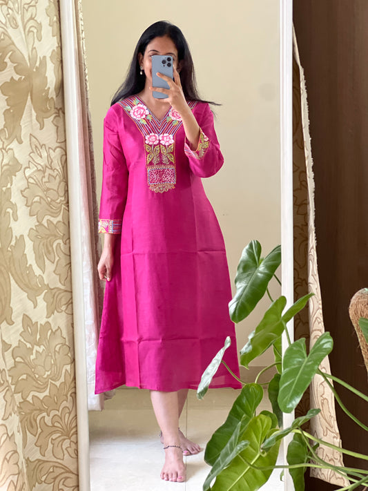 "Pink Mul Chanderi dress with elegant detailing from the premium collection – lightweight and luxurious."