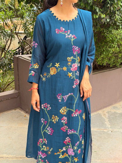 A0686 premium Mul Chanderi 3pc in peacock blue shade with all over hand embroidery details